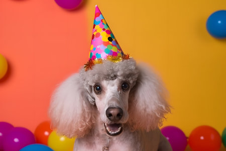 Funny and friendly cute dog (Poodle) wearing a brithday party hat in studio, on a vibrant, colorful background. Created with generative AIの素材