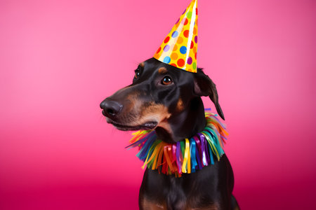 Funny and friendly cute dog (Doberman Pinscher) wearing a brithday party hat in studio, on a vibrant, colorful background. Created with generative AIの素材
