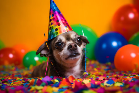 Funny and friendly cute dog (Chihuahua) wearing a brithday party hat in studio, on a vibrant, colorful background. Created with generative AIの素材