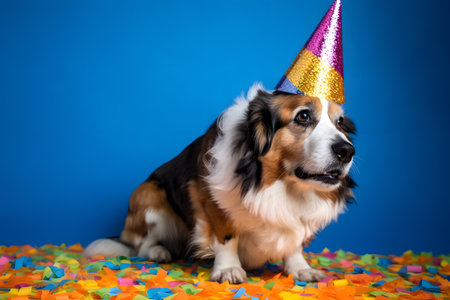 Funny and friendly cute dog (Pembroke Welsh Corgi) wearing a brithday party hat in studio, on a vibrant, colorful background. Created with generative AIの素材