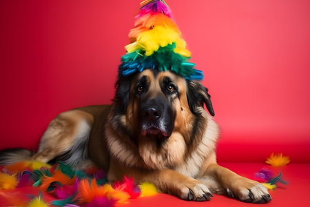 Funny and friendly cute dog (German Shepherd) wearing a brithday party hat in studio, on a vibrant, colorful background. Created with generative AIの素材