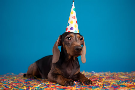 Funny and friendly cute dog (Dachshund) wearing a brithday party hat in studio, on a vibrant, colorful background. Created with generative AIの素材
