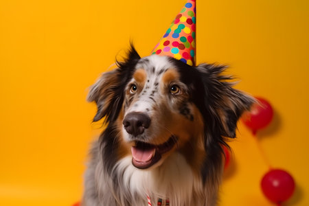 Funny and friendly cute dog (Australian Shepherd) wearing a brithday party hat in studio, on a vibrant, colorful background. Created with generative AIの素材