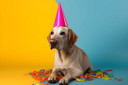Funny and friendly cute dog (Labrador Retriever) wearing a brithday party hat in studio, on a vibrant, colorful background. Created with generative AIの素材