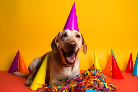 Funny and friendly cute dog (Labrador Retriever) wearing a brithday party hat in studio, on a vibrant, colorful background. Created with generative AIの素材