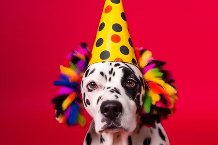 Funny and friendly cute dog (Dalmatian) wearing a brithday party hat in studio, on a vibrant, colorful background. Created with generative AIの素材