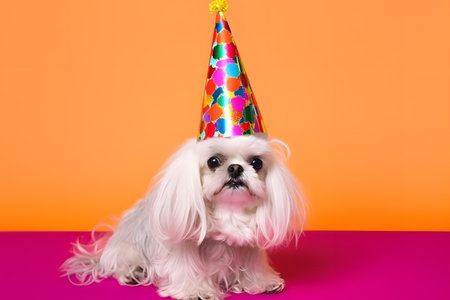 Funny and friendly cute dog (Maltese) wearing a brithday party hat in studio, on a vibrant, colorful background. Created with generative AIの素材