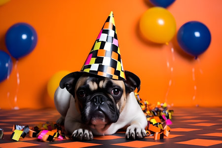 Funny and friendly cute dog (French Bulldog) wearing a brithday party hat in studio, on a vibrant, colorful background. Created with generative AIの素材