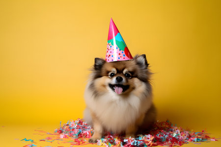 Funny and friendly cute dog (Pomeranian) wearing a brithday party hat in studio, on a vibrant, colorful background. Created with generative AIの素材