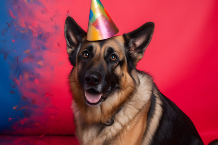 Funny and friendly cute dog (German Shepherd) wearing a brithday party hat in studio, on a vibrant, colorful background. Created with generative AIの素材