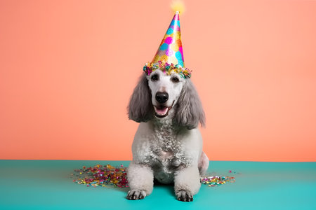 Funny and friendly cute dog (Poodle) wearing a brithday party hat in studio, on a vibrant, colorful background. Created with generative AIの素材