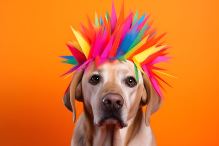 Funny and friendly cute dog (Labrador Retriever) wearing a brithday party hat in studio, on a vibrant, colorful background. Created with generative AIの素材