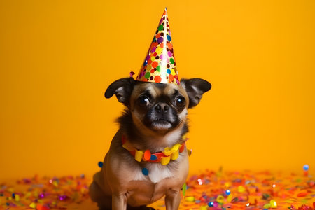 Funny and friendly cute dog (Chihuahua) wearing a brithday party hat in studio, on a vibrant, colorful background. Created with generative AIの素材