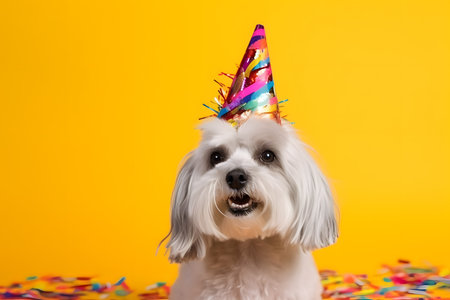 Funny and friendly cute dog (Maltese) wearing a brithday party hat in studio, on a vibrant, colorful background. Created with generative AIの素材