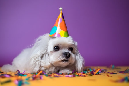 Funny and friendly cute dog (Maltese) wearing a brithday party hat in studio, on a vibrant, colorful background. Created with generative AIの素材