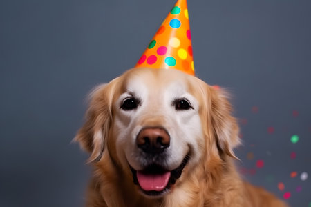 Funny and friendly cute dog (Golden Retriever) wearing a brithday party hat in studio, on a vibrant, colorful background. Created with generative AIの素材