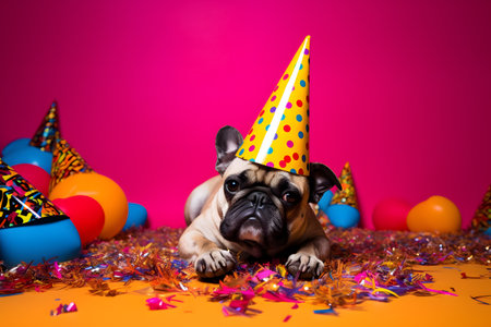 Funny and friendly cute dog (French Bulldog) wearing a brithday party hat in studio, on a vibrant, colorful background. Created with generative AIの素材