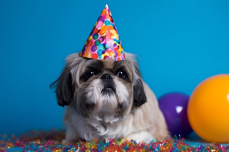 Funny and friendly cute dog (Shih Tzu) wearing a brithday party hat in studio, on a vibrant, colorful background. Created with generative AIの素材