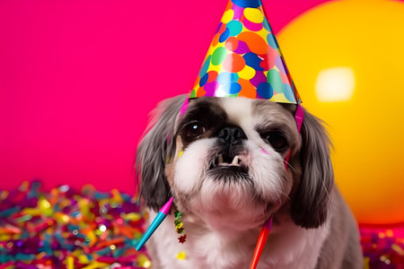 Funny and friendly cute dog (Shih Tzu) wearing a brithday party hat in studio, on a vibrant, colorful background. Created with generative AIの素材