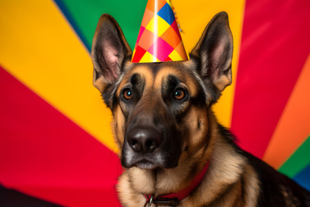 Funny and friendly cute dog (German Shepherd) wearing a brithday party hat in studio, on a vibrant, colorful background. Created with generative AIの素材
