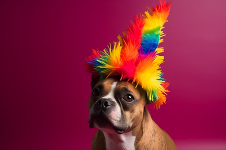 Funny and friendly cute dog (Bull Terrier) wearing a brithday party hat in studio, on a vibrant, colorful background. Created with generative AIの素材