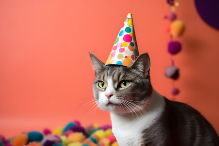 Funny and friendly cute cat wearing a brithday party hat in studio, on a vibrant, colorful background. Created with generative AIの素材