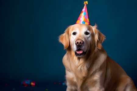 Funny and friendly cute dog (Golden Retriever) wearing a brithday party hat in studio, on a vibrant, colorful background. Created with generative AIの素材