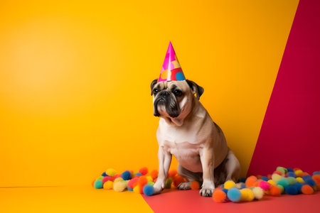 Funny and friendly cute dog (bulldog) wearing a brithday party hat in studio, on a vibrant, colorful background. Created with generative AIの素材