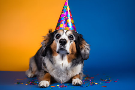 Funny and friendly cute dog (Pembroke Welsh Corgi) wearing a brithday party hat in studio, on a vibrant, colorful background. Created with generative AIの素材