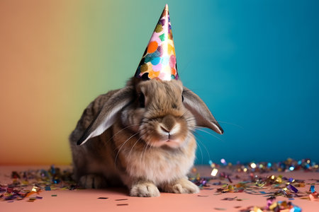 Funny and friendly cute bunny wearing a brithday party hat in studio, on a vibrant, colorful background. Created with generative AIの素材