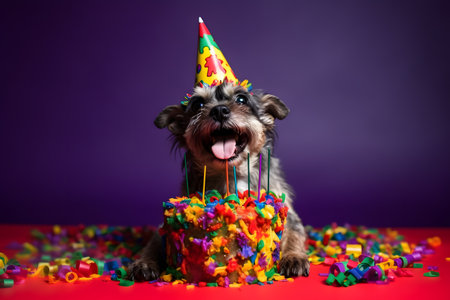 Funny and friendly cute dog (Yorkshire Terrier) wearing a brithday party hat in studio, on a vibrant, colorful background. Created with generative AIの素材
