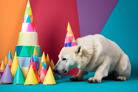 Funny and friendly cute polar bear wearing a brithday party hat in studio, on a vibrant, colorful background. Created with generative AIの素材
