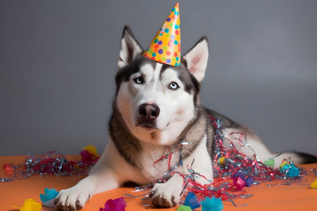 Funny and friendly cute dog (Siberian Husky) wearing a brithday party hat in studio, on a vibrant, colorful background. Created with generative AIの素材