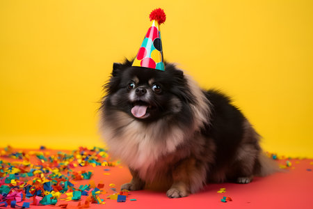 Funny and friendly cute dog (Pomeranian) wearing a brithday party hat in studio, on a vibrant, colorful background. Created with generative AIの素材
