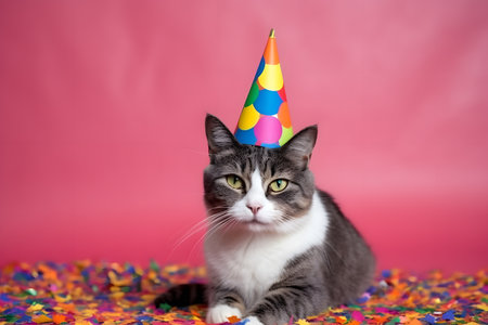 Funny and friendly cute cat wearing a brithday party hat in studio, on a vibrant, colorful background. Created with generative AIの素材