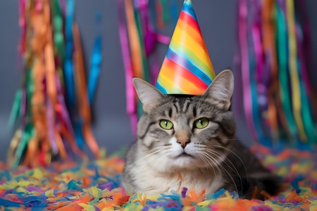Funny and friendly cute cat wearing a brithday party hat in studio, on a vibrant, colorful background. Created with generative AIの素材