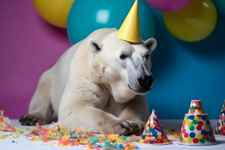 Funny and friendly cute polar bear wearing a brithday party hat in studio, on a vibrant, colorful background. Created with generative AIの素材