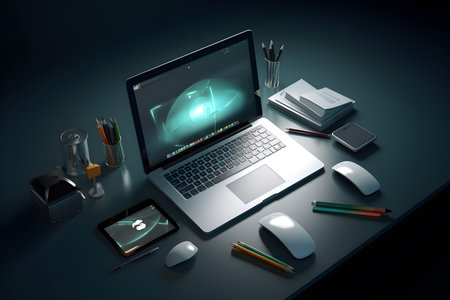 work desk with a laptop and writing tools, 3d rendering, isometric view. Created with generative AIの素材