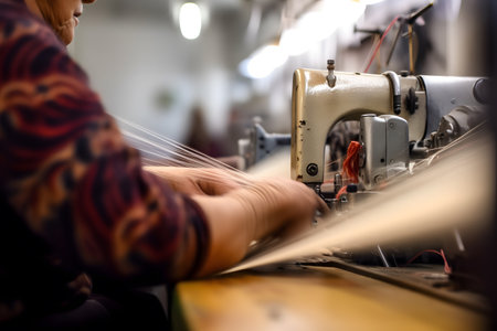Abstract motion blur shot of a seamstress operating a sewing machine in a textile factory, highlighting the speed and dexterity in the manufacturing of garments. CReated with generative AIの素材