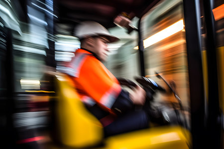 Abstract motion blur shot of a warehouse worker operating a forklift, conveying the fast-paced and precise nature of logistics and distribution. Generative AIの素材