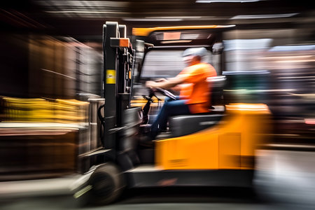 Abstract motion blur shot of a warehouse worker operating a forklift, conveying the fast-paced and precise nature of logistics and distribution. Generative AIの素材