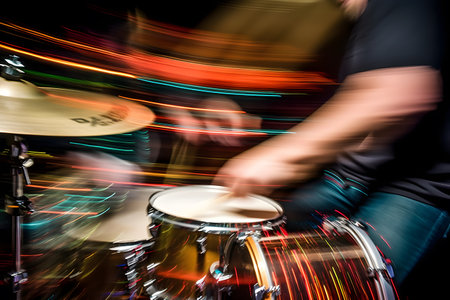 Abstract motion blur photograph of a drummer striking a drum set with power and rhythm, capturing the dynamic motion of the drumsticks. Generative AIの素材