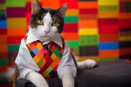 Funny cat dressed as a businessman, in a colorful outfit, studio background. Created with generative AIの素材