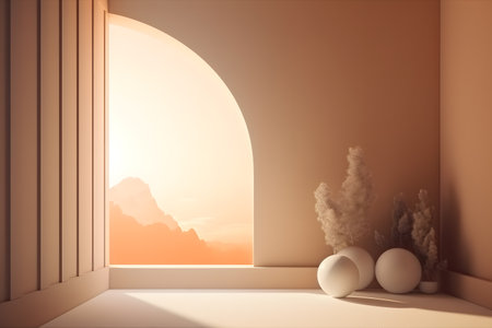 3d rendering of a pastel beige wall background, sunset lighting. Created with generative AIの素材