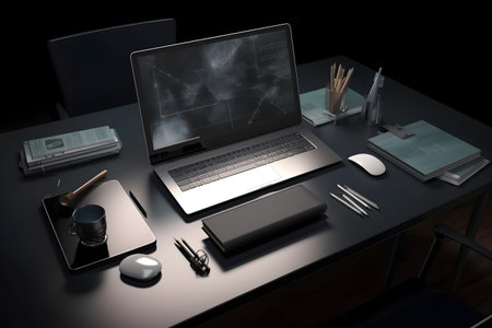 work desk with a laptop and writing tools, 3d rendering, isometric view. Created with generative AIの素材