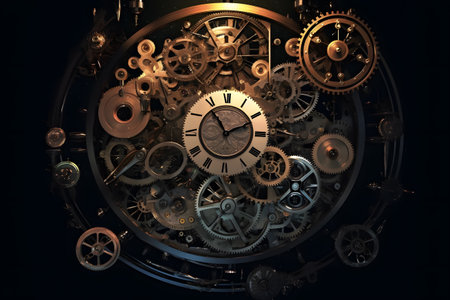 A surreal and intricate composition of floating clock gears in a studio setup with, detailed texture, concept of time and precision. Created with generative AIの素材