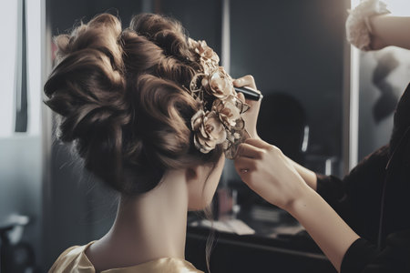 A hairdresser creating an elaborate updo for a special occasion, showcasing their skill in intricate hairstyling. Generative AIの素材