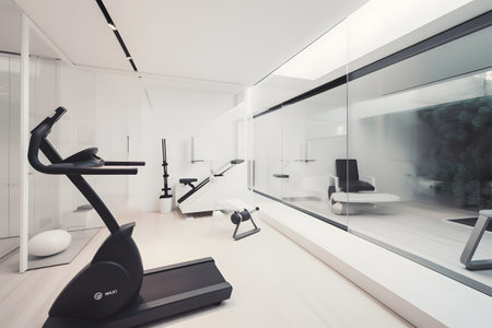 Minimalist home gym with white walls, rubber flooring, and state-of-the-art exercise equipment. Created with generative AIの素材