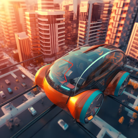 Abstract 3D render of a futuristic electric vehicle gliding through a vibrant cityscape, showcasing sustainable urban mobility. Generative AIの素材