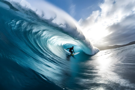 A wide-angle view of a surfer riding a massive wave, capturing the exhilaration and power of the ocean. Generative AIの素材